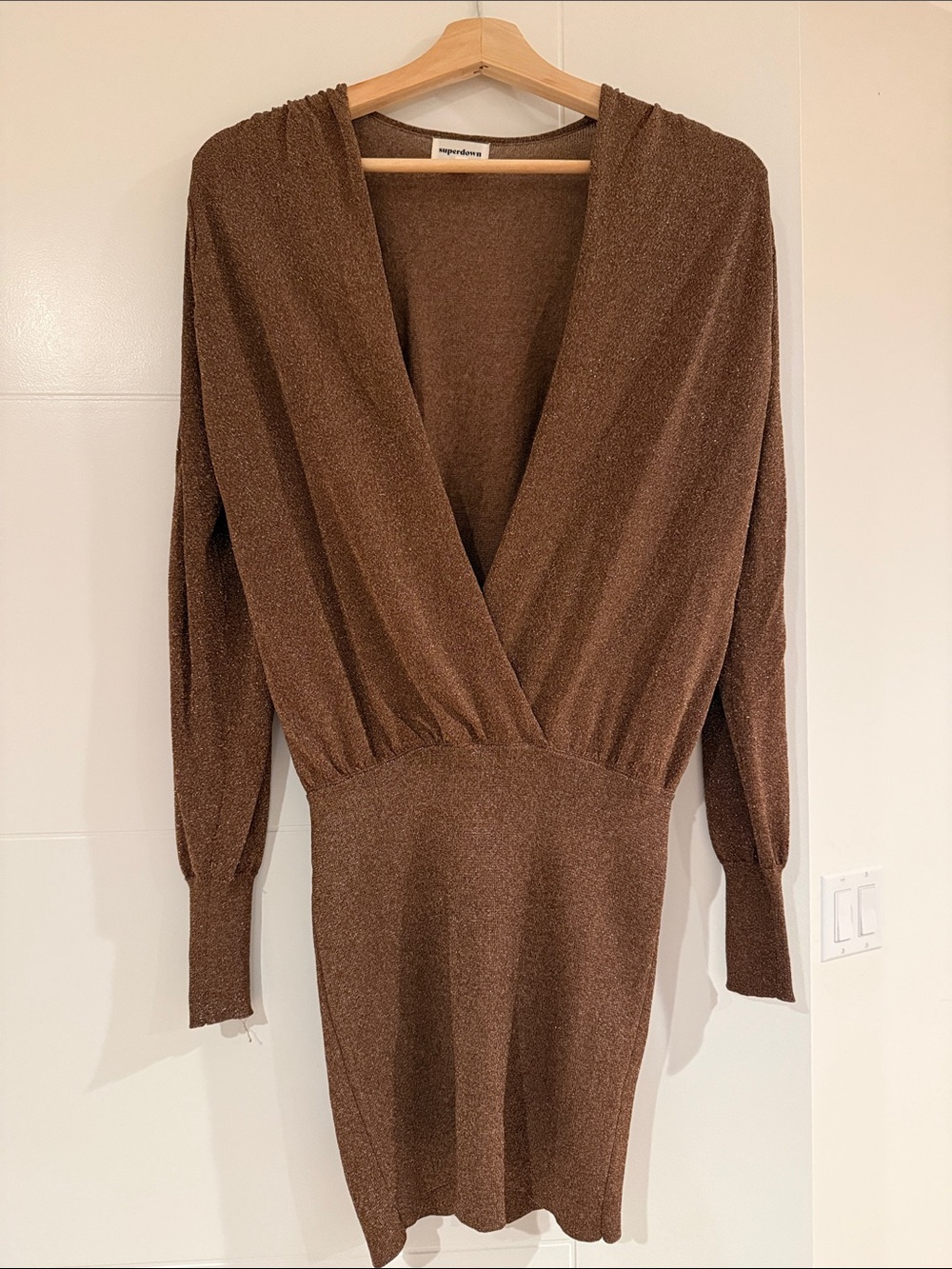 superdown Metallic Brown Wrap-Style Long Sleeve Mini Dress